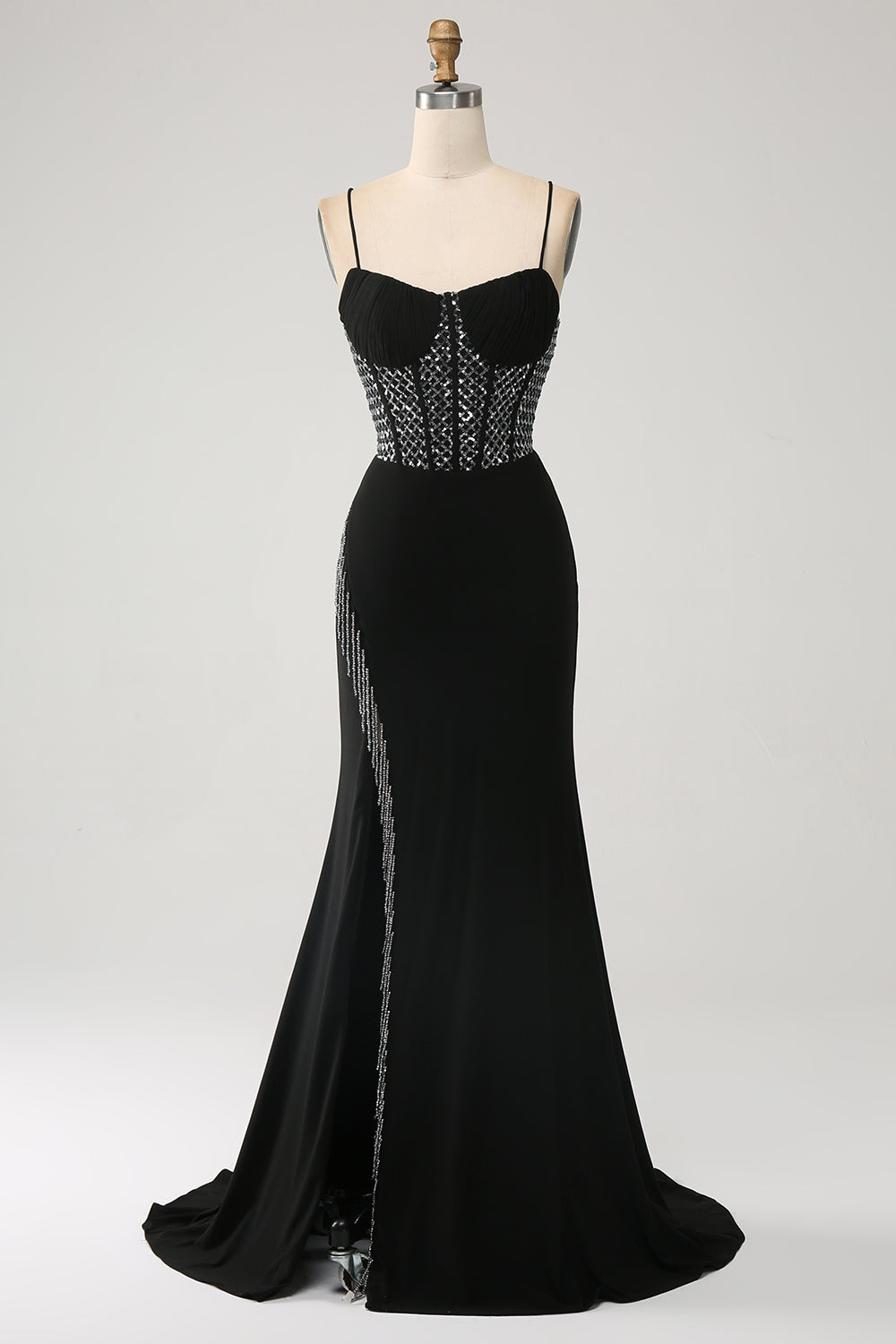 Luolandi Gorgeous Black Mermaid Spaghetti Straps Strapless Sequin Prom Dresses with Slit Sexy Evening Dresses